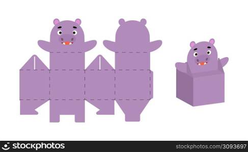 Cute party favor box hippo design for sweets, candies, small presents. Package template for any purposes, birthdays, baby shower, Christmas. Print, cut out, fold, glue. Vector stock illustration