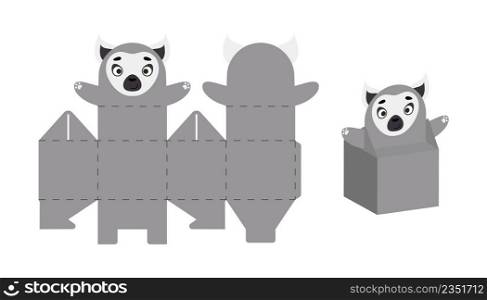 Cute party favor box lemur design for sweets, candies, small presents. DIY package template for any purposes, birthdays, baby showers, Christmas. Print, cut out, fold, glue. Vector stock illustration.