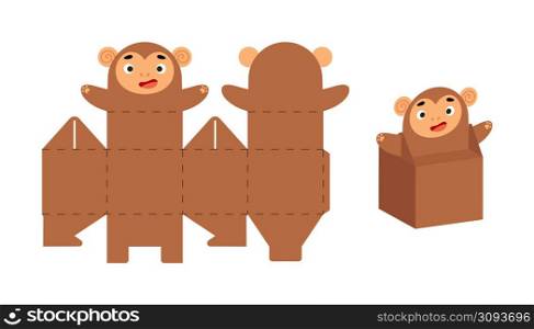 Cute party favor box monkey design for sweets, candies, small presents. Package template for any purposes, birthdays, baby shower, Christmas. Print, cut out, fold, glue. Vector stock illustration