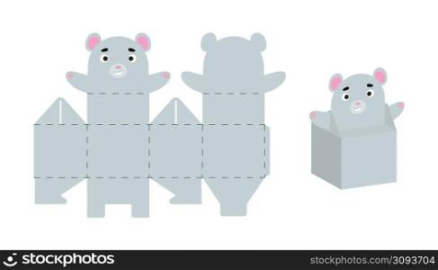 Cute party favor box mouse design for sweets, candies, small presents. Package template for any purposes, birthdays, baby shower, Christmas. Print, cut out, fold, glue. Vector stock illustration