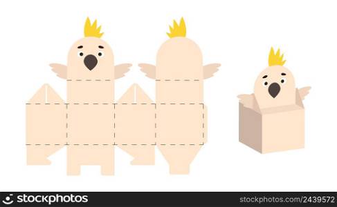 Cute party favor box parrot design for sweets, candies, small presents. Package template for any purposes, birthdays, baby shower, Christmas. Print, cut out, fold, glue. Vector stock illustration