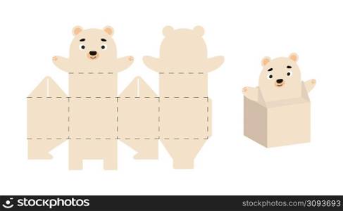 Cute party favor box polar bear design for sweets, candies, small presents. Package template for any purposes, birthdays, baby showers, Christmas. Print, cut out, fold, glue. Vector stock illustration