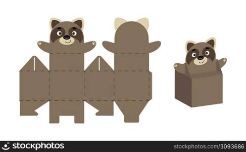 Cute party favor box raccoon design for sweets, candies, small presents. DIY package template for any purposes, birthdays, baby shower, Christmas. Print, cut out, fold, glue. Vector stock illustration