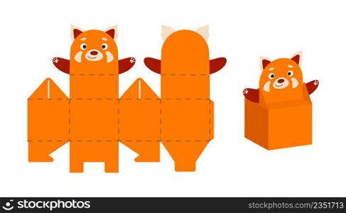 Cute party favor box red panda design for sweets, candies, small presents. DIY package template for any purposes, birthdays, baby showers, Christmas. Print, cut out, fold, glue. Vector illustration.