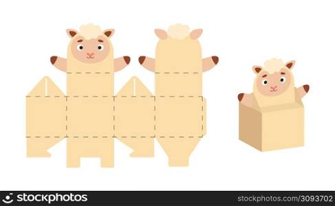 Cute party favor box sheep design for sweets, candies, small presents. Package template for any purposes, birthdays, baby shower, Christmas. Print, cut out, fold, glue. Vector stock illustration