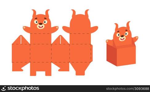Cute party favor box squirrel design for sweets, candies, small presents. DIY package template for any purposes, birthdays, baby shower, Christmas. Print, cutout, fold, glue. Vector stock illustration