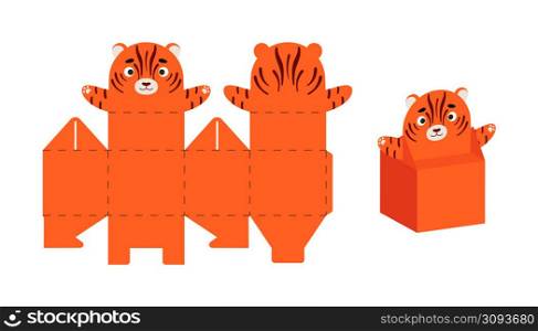 Cute party favor box tiger design for sweets, candies, small presents. DIY package template for any purposes, birthdays, baby showers, Christmas. Print, cut out, fold, glue. Vector stock illustration.