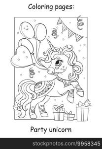 Cute party unicorn with balloons and presents. Coloring book page for children. Vector cartoon illustration isolated on white background. For coloring book, preschool education, print, game, decor.. Cute party unicorn with balloons coloring vector