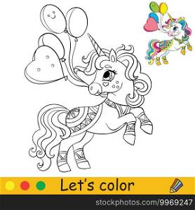 Cute party unicorn with balloons. Coloring book page with colorful template. Vector cartoon illustration isolated on white background. For coloring book, preschool education, print, design, decor,game. Coloring vector cute party unicorn with balloons
