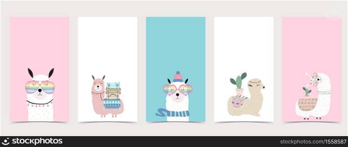 Cute pastel background for social media.Set of instagram story with llama,alpaca