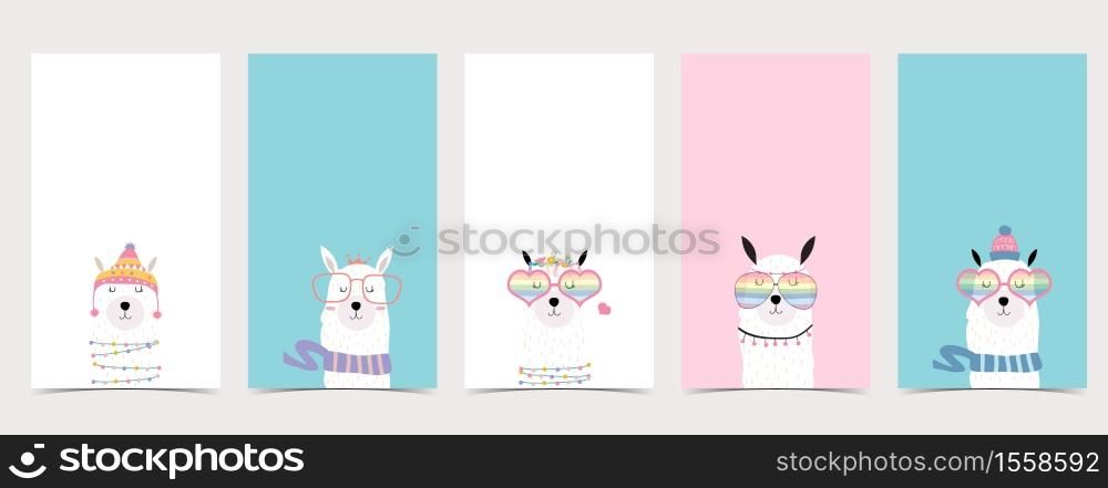 Cute pastel background for social media.Set of instagram story with llama,alpaca