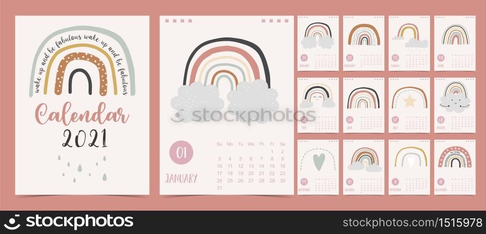 Cute pastel calendar 2021 with rainbow,rain,cloud for children, kid, baby