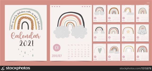 Cute pastel calendar 2021 with rainbow,rain,cloud for children, kid, baby