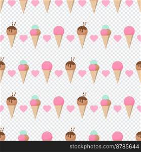 Cute pastel ice cream seamless pattern. Pastel ice cream seamless pattern with cute hearts. Seamless vector pattern with ice cream in pastel colors. Vector illustration