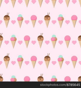 Cute pastel ice cream seamless pattern. Pastel ice cream seamless pattern with cute hearts. Seamless vector pattern with ice cream in pastel colors. Vector illustration