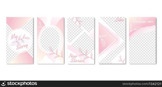 Cute Pastel Pink Color Templates with Branch of Leaves Banners Vector Illustration. Follow me. Different Shapes of Space for Photos, Images. Natural Design for Social Networking Sites.