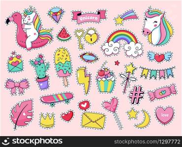 Cute patch badges. Magic fashion doodle patches, fairytale pink rainbow unicorn, ice cream and sweet candy isolated vector illustration icon set. Cartoon girl sticker, fairy animal unicorn ice cream. Cute patch badges. Magic fashion doodle patches, fairytale pink rainbow unicorn, ice cream and sweet candy isolated vector illustration icon set