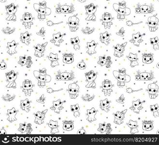 cute pattern seamless background, kawaii Halloween kitten, kawaii cat Halloween costume cartoon outline doodle