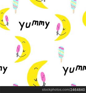 Cute pattern. Seamless vector design with smiling moon with ice-cream. Pattern for prints, posters, wrapping paper, backgrounds, wallpaper, scrapbooking, textile, kids fashion, stationary.. Cute pattern. Seamless vector design with smiling moon with ice-cream. Pattern for prints, posters, wrapping paper, backgrounds, wallpaper, scrapbooking, textile, kids fashion, stationary. Hand drawn.