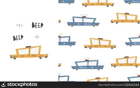 Cute pattern with cars. Taxi. Transport. Police. Vector hand-drawn color seamless repeating children simple pattern with cars and lettering, in Scandinavian style on a white background.. Cute pattern with cars. Taxi. Transport. Police. Vector hand-drawn color seamless digital print