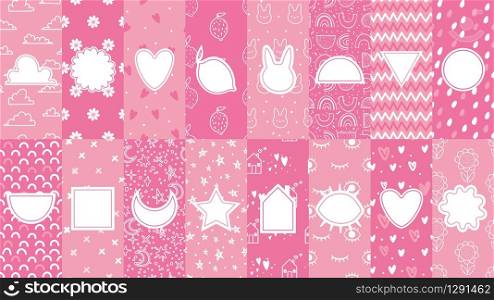 Cute patterns with badges. Pink pattern for little baby, girly abstract seamless textures for fabric print vector illustration set. Pattern baby fabric blacket collection. Cute patterns with badges. Pink pattern for little baby, girly abstract seamless textures for fabric print vector illustration set
