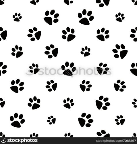 Cute paw seamless pattern, cat feet steps, pet design. Texture for wallpapers, fabric, wrap, web page backgrounds, vector illustration