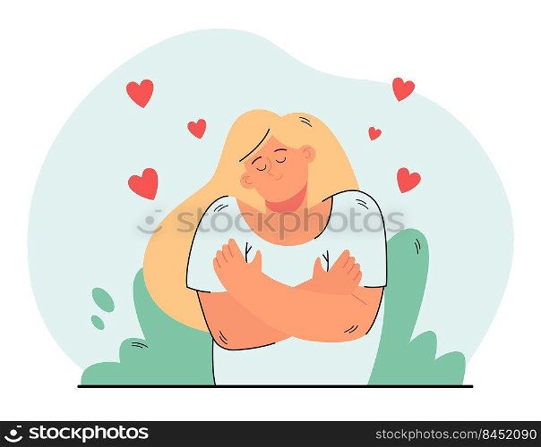 Cute peaceful woman hugging her shoulders flat vector illustration. Cartoon positive girl embracing herself with hearts flying around. Love yourself and self-confidence concept