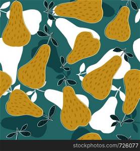 Cute pears seamless pattern on green background. Funny design for fabric, textile print, wrapping paper, children textile. Vector illustration. Sweet yellow pear seamless pattern. Funny design