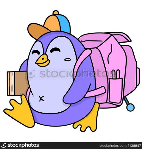cute penguin boy walking carrying a large backpack with a book in hand