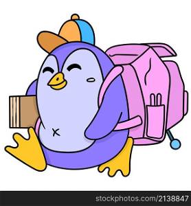 cute penguin boy walking carrying a large backpack with a book in hand