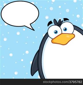 Cute Penguin Cartoon Character Looking From A Corner With Speech Bubble
