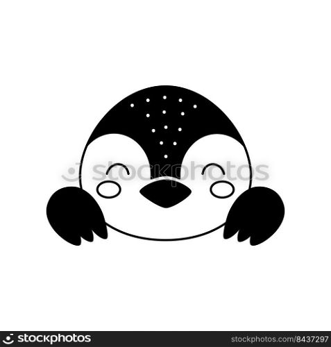 Cute penguin head in Scandinavian style. Animal face for kids t-shirts, wear, nursery decoration, greeting cards, invitations, poster, house interior. Vector stock illustration
