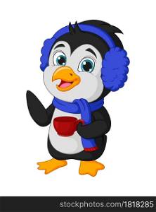 Cute penguin holding red cup