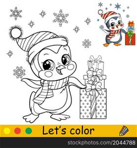 Cute penguin in a Christmas hat with snowflakes and presents. Cartoon character. Vector isolated illustration. Coloring book with colored exemple. For card, poster, design, stickers, decor. Coloring cute Christmas penguin boy with presents vector