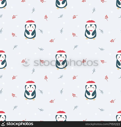 Cute penguin in Christmas season seamless pattern. Lovely animal in Christmas concept.