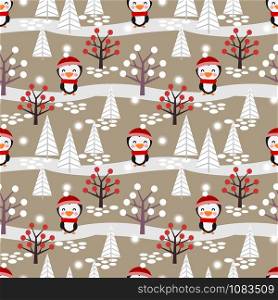 Cute penguin in the winter forest seamless pattern.