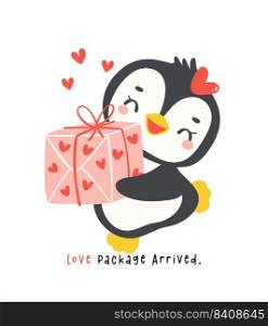 Cute penguin Valentine delivery love gift box cartoon drawing, Kawaii animal character illustration.
