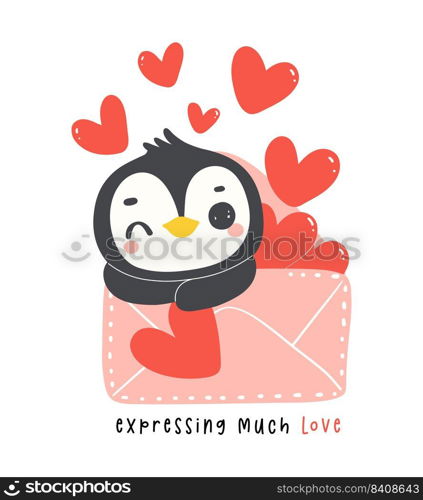 Cute penguin Valentine delivery love mail cartoon drawing, Kawaii animal character illustration.