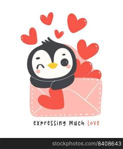 Cute penguin Valentine delivery love mail cartoon drawing, Kawaii animal character illustration.