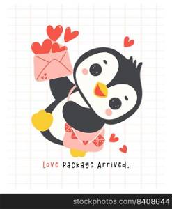 Cute penguin Valentine delivery love mail cartoon drawing, Kawaii animal character illustration.