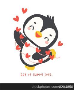 Cute penguin Valentine with red hearts cartoon drawing, Kawaii animal character illustration.