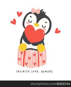 Cute penguin Valentine with red hearts cartoon drawing, Kawaii animal character illustration.