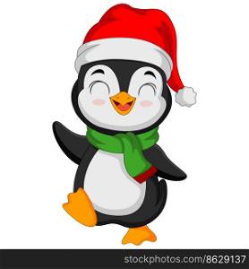 Cute penguin wearing santa hat and scarf