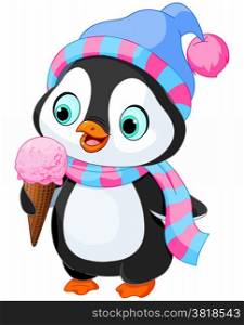 Cute penguin with hat and scarf eats an ice cream