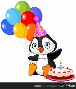 Cute Penguin with party hat holding balloons