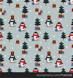 Cute penguins and Christmas gift seamless pattern. Christmas season concept