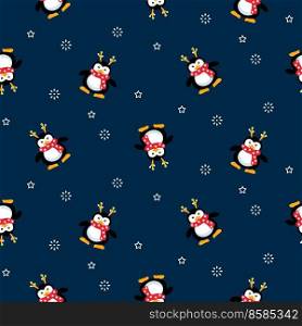 Cute penguins Christmas seamless pattern. Blue background with snow and snowman.. Cute penguins Christmas seamless pattern. Blue background with snow and snowman