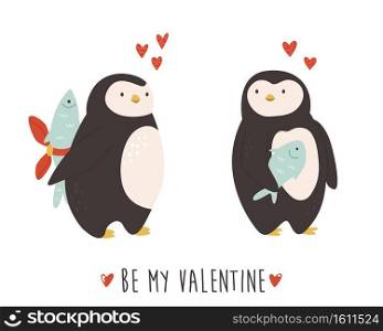 Cute penguins couple in love. Funny illustration of animal characters. St Valentines card. Cute penguins couple in love. Funny illustration of animal characters