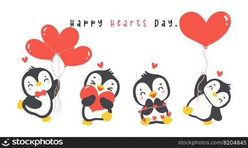 Cute penguins with heart cartoon drawing, Kawaii Valentine animal character illustration banner.