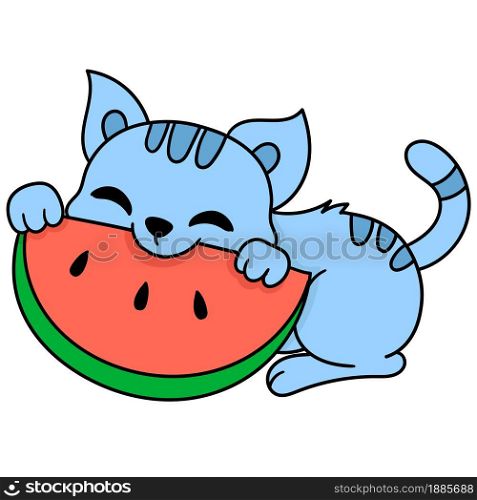 cute pet cat eating watermelon fruit, doodle icon image. cartoon caharacter cute doodle draw